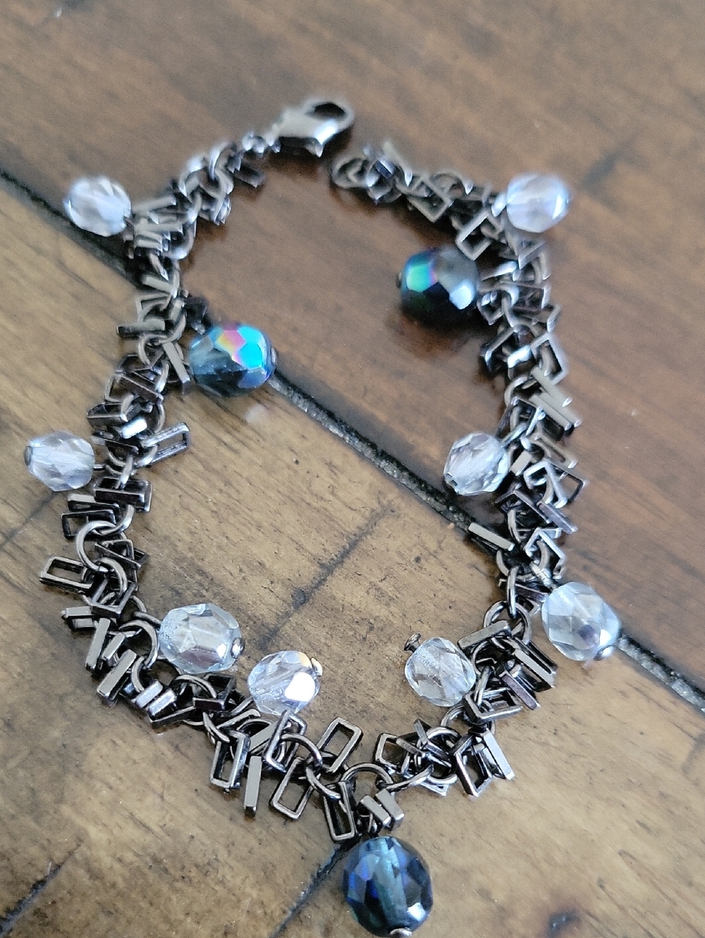 Gunmetal Chain Bracelet with Clear and Iridescent Beads
